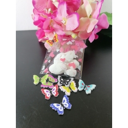 Sacchetto trasparente porta confetti e cuoricini fucsia e rosa e con farfalla legno