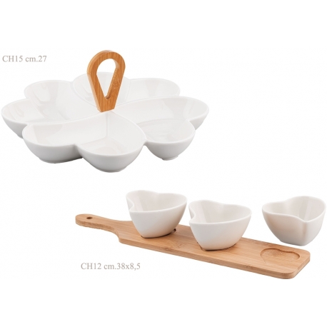 Antipastiera ceramica 3 coppette CUORE su base legno